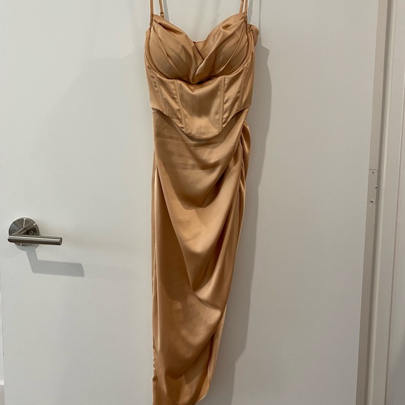 OhPolly A MINUTE PAST MIDNIGHT Cowl Neck Midi Dress In Beige - Picture 5 of 16